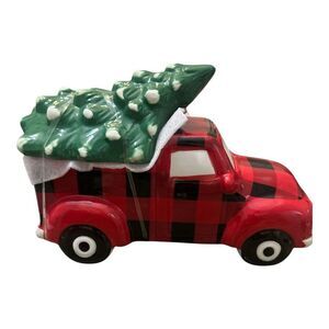 Red &‎ Black Plaid Ceramic Pickup Truck Christmas Tree Cookie Jar